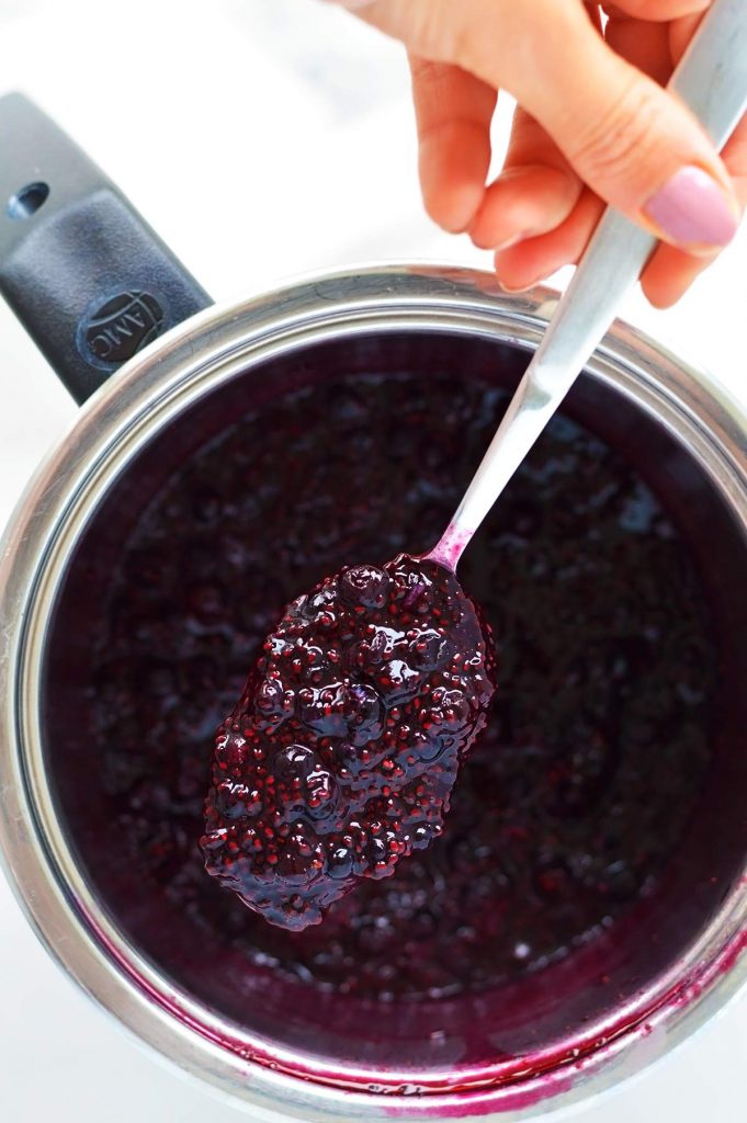 homemade blueberry jam in a sauce pan