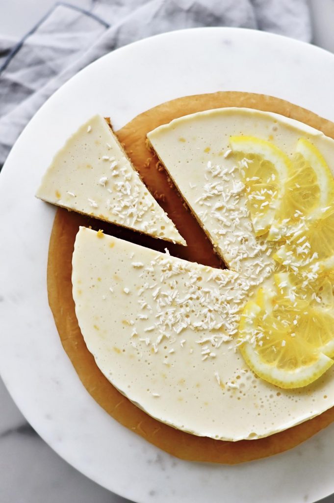 lemon and yogurt pie on a marble plate