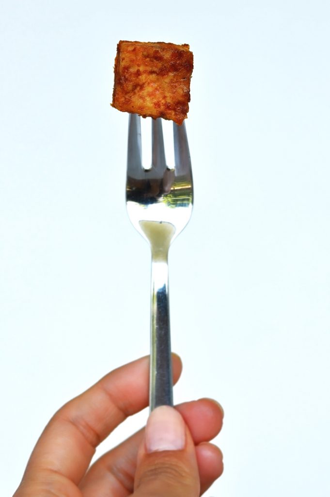 oil-free fried tofu in a fork