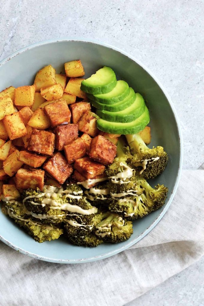 oil-free fried tofu with veggies and potatoes