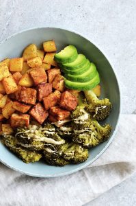 oil-free fried tofu with veggies and potatoes