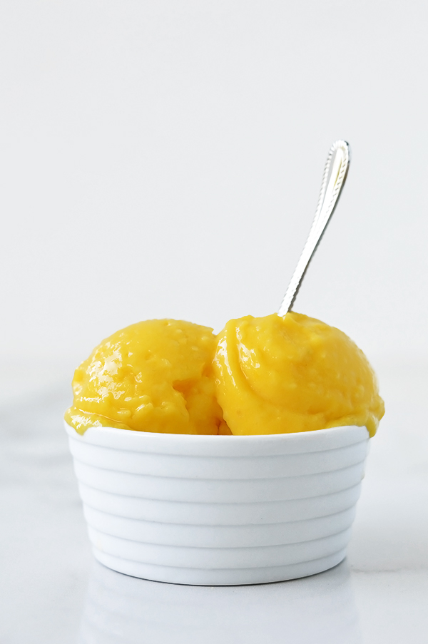 Mango Almond Ice Cream in a while bowl