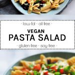 vegan pasta salad in a blue plate