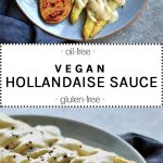 oil free vegan hollandaise sauce with potatoes, asparragus and a quorn fillet
