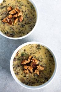 instant pot wild rice soup in white bowls