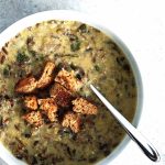 instant pot wild rice soup in a white bowl