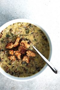 instant pot wild rice soup in a white bowl